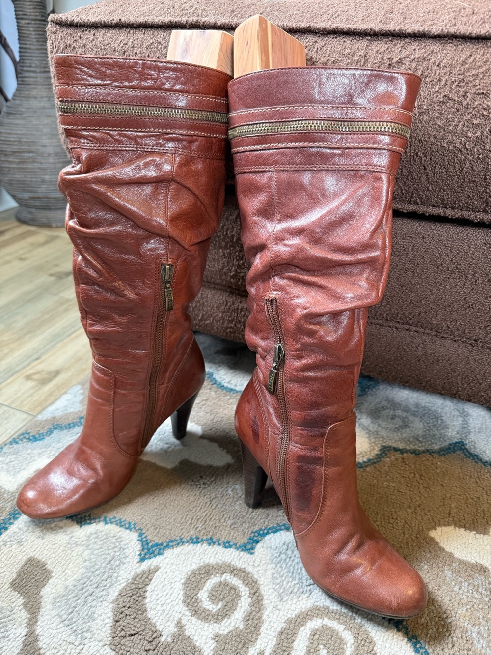 Women's Guess Leather Knee-High Slouch Boots in Chestnut - Picture 3 of 6